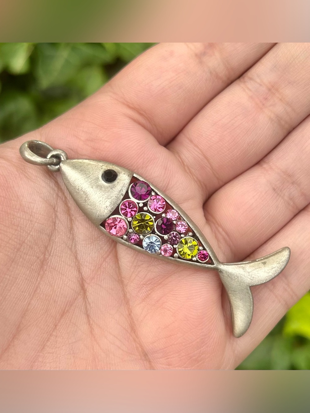 Vintage Brushed Silver Tone Multicolor Rhinestone Fish Pendant